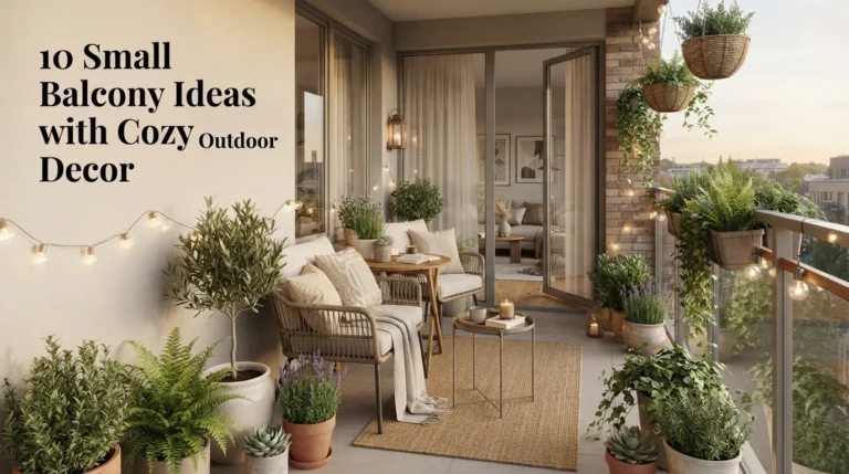 Here’s a stronger **Pinterest-ready AI feature image prompt** with a warm, bright, cozy outdoor aesthetic and a visually clear small-balcony transformation. Create a **high-end, ultra-realistic Pinterest feature image** for the article titled **“10 Small Balcony Ideas with Cozy Outdoor Decor.”** Create a breathtaking **small apartment balcony transformed into a cozy, stylish outdoor retreat** using beautiful and practical outdoor decor. Make the balcony feel intimate, inviting, warm, and comfortable while clearly showing how thoughtful decorating can maximize a limited space. Feature a compact **two-seat outdoor bistro set or petite loveseat**, layered with comfortable cream and beige cushions, textured outdoor pillows, and a soft lightweight throw. Add a small round coffee table or nesting tables, a slim outdoor rug, and a compact side table. Keep all furniture appropriately scaled for a genuinely small balcony. Decorate the space with **lush potted plants, railing planters, hanging greenery, small terracotta pots, woven baskets, a compact herb planter, and trailing vines**. Add cozy decorative details such as **warm lanterns, delicate string lights, ceramic planters, a small tray with coffee, candles, textured cushions, and a woven throw basket**. Create a beautiful apartment backdrop with **large glass doors, light neutral walls, modern balcony railings, sheer curtains, and a glimpse of a stylish interior beyond the doorway**. Make the architecture realistic and proportional. Use a **warm, light, sophisticated color palette** featuring creamy white, ivory, warm beige, oatmeal, soft taupe, natural wood, rattan, muted sage, olive green, terracotta, and subtle earthy brown. Avoid overly bright or artificial colors. Layer tactile natural materials such as **linen, cotton, woven rattan, wood, ceramic, jute, soft outdoor textiles, and natural stone**. Make the textures highly realistic and inviting. **Lighting & Mood:** Capture the balcony during **soft golden hour**, with warm sunlight gently illuminating the furniture, plants, and decor. Add subtle glowing string lights and lanterns as the evening begins. Create realistic soft shadows and warm highlights. The atmosphere should feel **cozy, peaceful, relaxing, private, welcoming, stylish, and perfect for morning coffee or quiet evening relaxation**. **Photography Style:** Premium outdoor lifestyle photography, luxury small-space decorating magazine aesthetic, professional interior/exterior editorial photography, Canon EOS R5 look, 28mm–35mm lens, realistic architectural proportions, natural perspective, highly detailed plants and textiles, crisp furniture textures, subtle cinematic warmth, balanced exposure, **8K ultra-high resolution, crystal-clear details, tack-sharp focus, no blur, no grain, no haze, no distortion**. **Pinterest Stop-Scrolling Composition:** Use a beautiful three-quarter perspective from the balcony entrance or inside the apartment looking outward. Position the cozy seating area prominently in the foreground, with plants, lanterns, string lights, and apartment architecture creating depth. Clearly communicate **“small balcony, big cozy atmosphere.”** Make the space look compact but not cramped. Create an immediate **“I want to turn my tiny balcony into this cozy retreat”** reaction that encourages viewers to stop scrolling, save the pin, and click through for all 10 ideas. **Title Text on Image:** Add the exact title **“10 Small Balcony Ideas with Cozy Outdoor Decor”** in elegant, bold premium editorial typography. Place the title in a clean area of negative space, such as a light exterior wall, glass-door area, or upper background section, without covering the seating, plants, or main decor. Make the text **perfectly spelled, crisp, sharp, high-contrast, beautifully spaced, and highly readable on Pinterest mobile screens**. **Technical Requirements:** 16:9 landscape composition, warm and light tones, bright golden-hour exposure without overexposure, ultra-realistic professional outdoor photography, premium small-balcony styling, realistic apartment architecture, no people, no oversized furniture, no clutter, no excessive decor, no artificial-looking plants, no cramped composition, no distorted railings, no warped doors, no duplicate furniture or plants, no watermark, no logo, no extra text, no blurry areas. **Final Visual Goal:** Create a **WOW-factor, stop-scrolling Pinterest feature image** that looks like a professionally photographed cozy apartment balcony makeover from a premium home-design magazine—warm, bright, relaxing, stylish, space-smart, realistic, inviting, and irresistibly Pinterest-worthy.