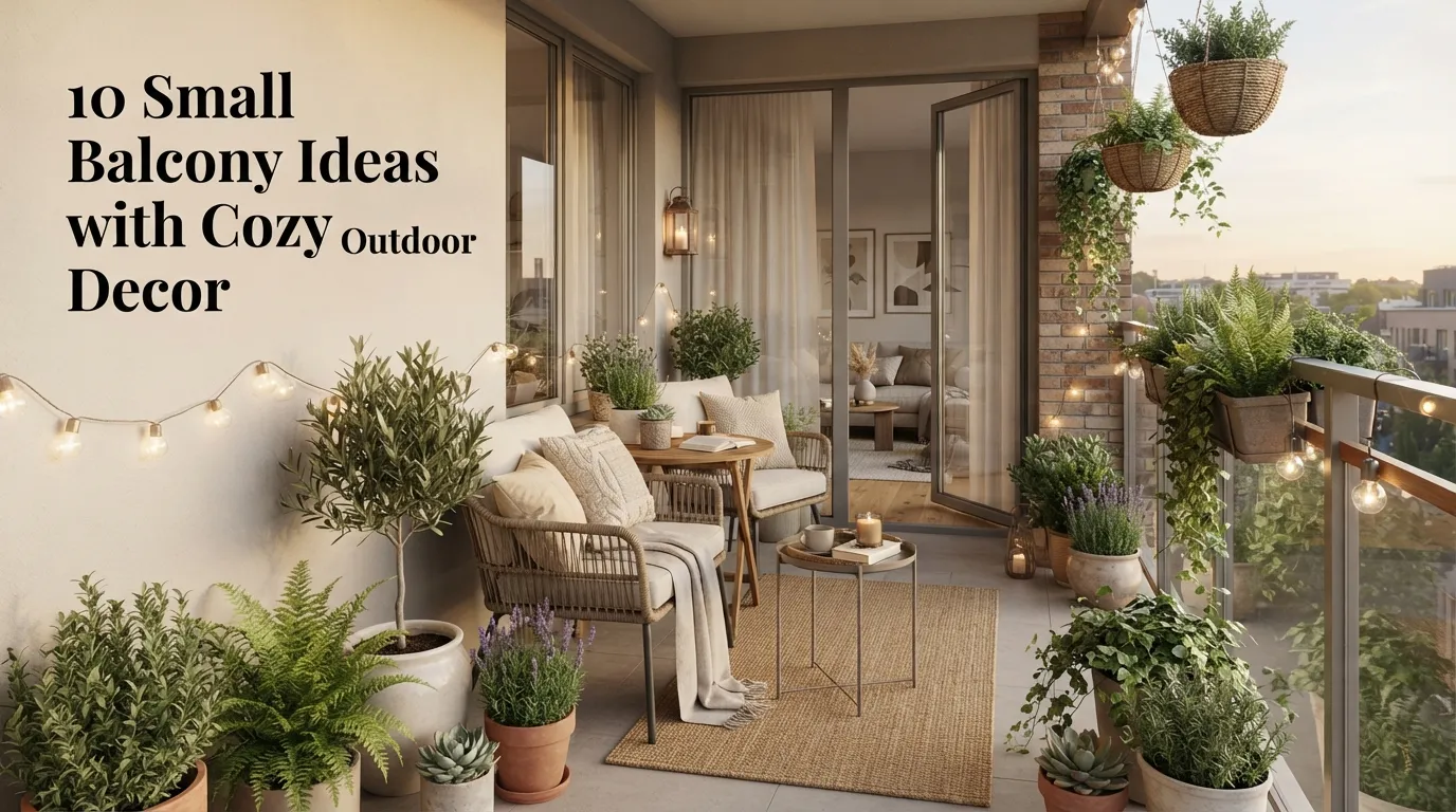 Here’s a stronger **Pinterest-ready AI feature image prompt** with a warm, bright, cozy outdoor aesthetic and a visually clear small-balcony transformation. Create a **high-end, ultra-realistic Pinterest feature image** for the article titled **“10 Small Balcony Ideas with Cozy Outdoor Decor.”** Create a breathtaking **small apartment balcony transformed into a cozy, stylish outdoor retreat** using beautiful and practical outdoor decor. Make the balcony feel intimate, inviting, warm, and comfortable while clearly showing how thoughtful decorating can maximize a limited space. Feature a compact **two-seat outdoor bistro set or petite loveseat**, layered with comfortable cream and beige cushions, textured outdoor pillows, and a soft lightweight throw. Add a small round coffee table or nesting tables, a slim outdoor rug, and a compact side table. Keep all furniture appropriately scaled for a genuinely small balcony. Decorate the space with **lush potted plants, railing planters, hanging greenery, small terracotta pots, woven baskets, a compact herb planter, and trailing vines**. Add cozy decorative details such as **warm lanterns, delicate string lights, ceramic planters, a small tray with coffee, candles, textured cushions, and a woven throw basket**. Create a beautiful apartment backdrop with **large glass doors, light neutral walls, modern balcony railings, sheer curtains, and a glimpse of a stylish interior beyond the doorway**. Make the architecture realistic and proportional. Use a **warm, light, sophisticated color palette** featuring creamy white, ivory, warm beige, oatmeal, soft taupe, natural wood, rattan, muted sage, olive green, terracotta, and subtle earthy brown. Avoid overly bright or artificial colors. Layer tactile natural materials such as **linen, cotton, woven rattan, wood, ceramic, jute, soft outdoor textiles, and natural stone**. Make the textures highly realistic and inviting. **Lighting & Mood:** Capture the balcony during **soft golden hour**, with warm sunlight gently illuminating the furniture, plants, and decor. Add subtle glowing string lights and lanterns as the evening begins. Create realistic soft shadows and warm highlights. The atmosphere should feel **cozy, peaceful, relaxing, private, welcoming, stylish, and perfect for morning coffee or quiet evening relaxation**. **Photography Style:** Premium outdoor lifestyle photography, luxury small-space decorating magazine aesthetic, professional interior/exterior editorial photography, Canon EOS R5 look, 28mm–35mm lens, realistic architectural proportions, natural perspective, highly detailed plants and textiles, crisp furniture textures, subtle cinematic warmth, balanced exposure, **8K ultra-high resolution, crystal-clear details, tack-sharp focus, no blur, no grain, no haze, no distortion**. **Pinterest Stop-Scrolling Composition:** Use a beautiful three-quarter perspective from the balcony entrance or inside the apartment looking outward. Position the cozy seating area prominently in the foreground, with plants, lanterns, string lights, and apartment architecture creating depth. Clearly communicate **“small balcony, big cozy atmosphere.”** Make the space look compact but not cramped. Create an immediate **“I want to turn my tiny balcony into this cozy retreat”** reaction that encourages viewers to stop scrolling, save the pin, and click through for all 10 ideas. **Title Text on Image:** Add the exact title **“10 Small Balcony Ideas with Cozy Outdoor Decor”** in elegant, bold premium editorial typography. Place the title in a clean area of negative space, such as a light exterior wall, glass-door area, or upper background section, without covering the seating, plants, or main decor. Make the text **perfectly spelled, crisp, sharp, high-contrast, beautifully spaced, and highly readable on Pinterest mobile screens**. **Technical Requirements:** 16:9 landscape composition, warm and light tones, bright golden-hour exposure without overexposure, ultra-realistic professional outdoor photography, premium small-balcony styling, realistic apartment architecture, no people, no oversized furniture, no clutter, no excessive decor, no artificial-looking plants, no cramped composition, no distorted railings, no warped doors, no duplicate furniture or plants, no watermark, no logo, no extra text, no blurry areas. **Final Visual Goal:** Create a **WOW-factor, stop-scrolling Pinterest feature image** that looks like a professionally photographed cozy apartment balcony makeover from a premium home-design magazine—warm, bright, relaxing, stylish, space-smart, realistic, inviting, and irresistibly Pinterest-worthy.